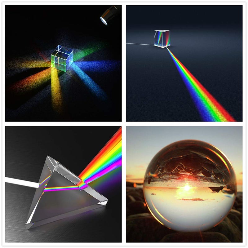 QFkris 4 Pack K9 Optical Crystal Photography Prism Set, Include 50mm Crystal Ball, 50mm Crystal Cube, 50mm Triangular Prism, 50mm Optical Pyramid with Wiper Cloth and Box, Photography Accessory for Teaching - Image 3